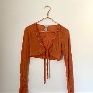 Y2K Tie Front Orange Cropped Long Sleeve Cardigan